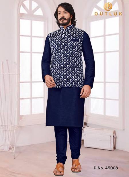 Blue Colour Party Wear Art Silk Jacquard Print Kurta Pajama With Jacket Mens Collection 45008